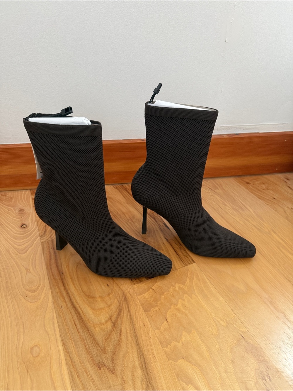 NWT Zara Dark Brown Stretch Pointed-Toe Sock Ankle Boots with Stiletto Heel